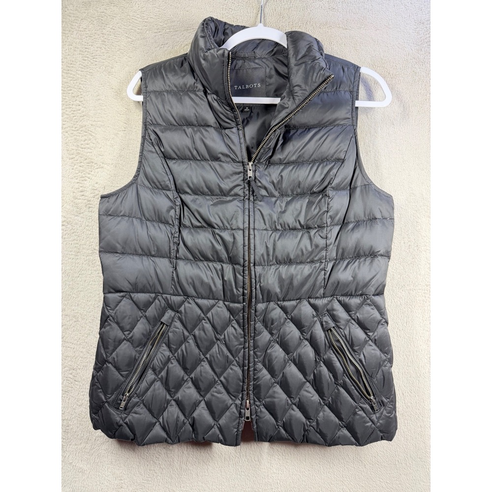 Talbots Down Puffer Vest Women Size M Black Quilted Full Zip Lightweight Pockets